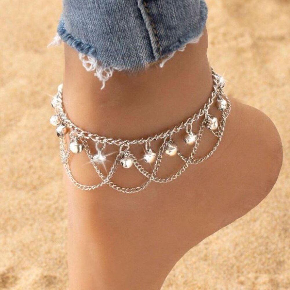 Euro-american Style Metal Layered Chain & Bell Design Anklet For Women